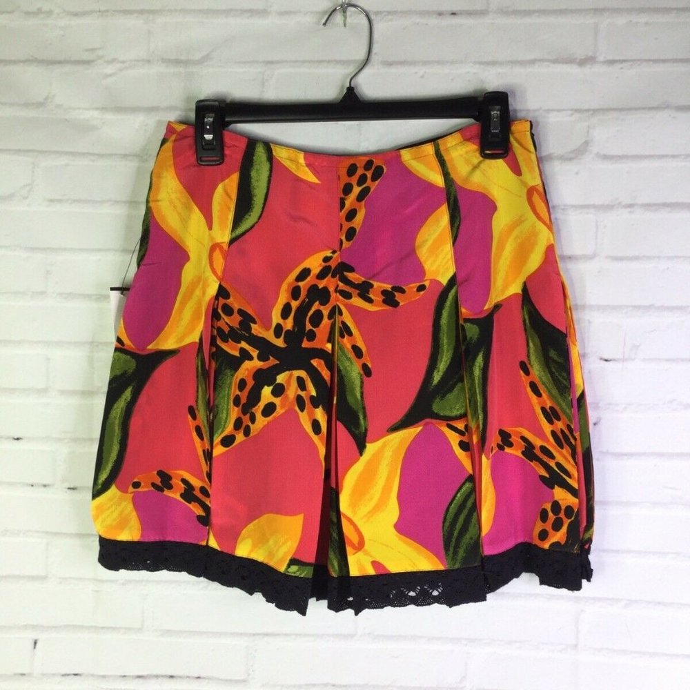 Barami Silk Crochet Lace Trim Floral Print Skirt